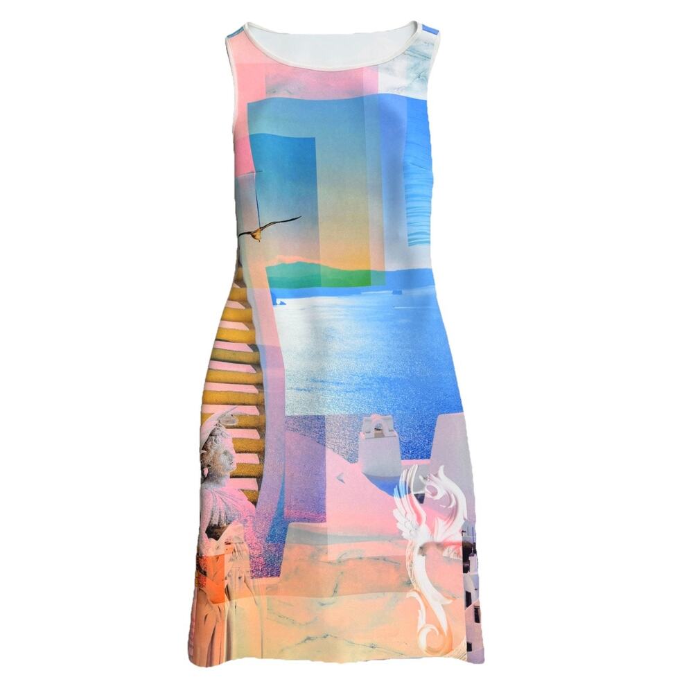 Clover Canyon Greek Dreams Dress S Neoprene Cut Out Art Collage Statue Sea EUC